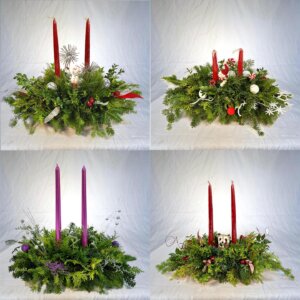 12" Tapers Centerpiece with Fresh Greens - no longer available online.  See us at the Market on December 6th!