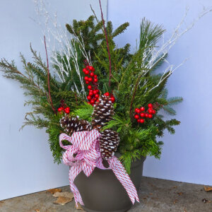 Decorated Evergreen Pot for Your Porch - no longer available online. See us at the Market on December 6th!
